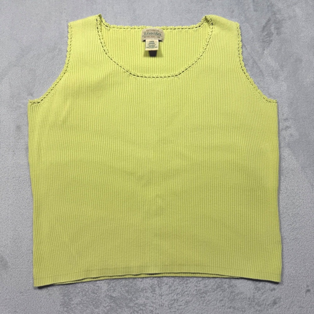 Vintage St Johns Bay Lime Green 100% Cotton Ribbed Tank Crochet Trim Large 90s